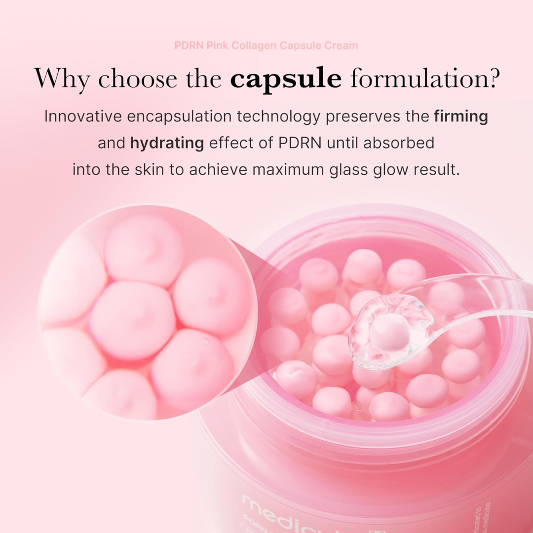 Luxurious pink cream with collagen capsules and PDRN that hydrates deeply, firms skin, and restores radiance for a youthful, glowing complexion.