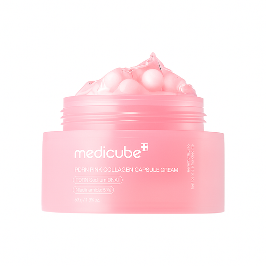 Luxurious pink cream with collagen capsules and PDRN that hydrates deeply, firms skin, and restores radiance for a youthful, glowing complexion.