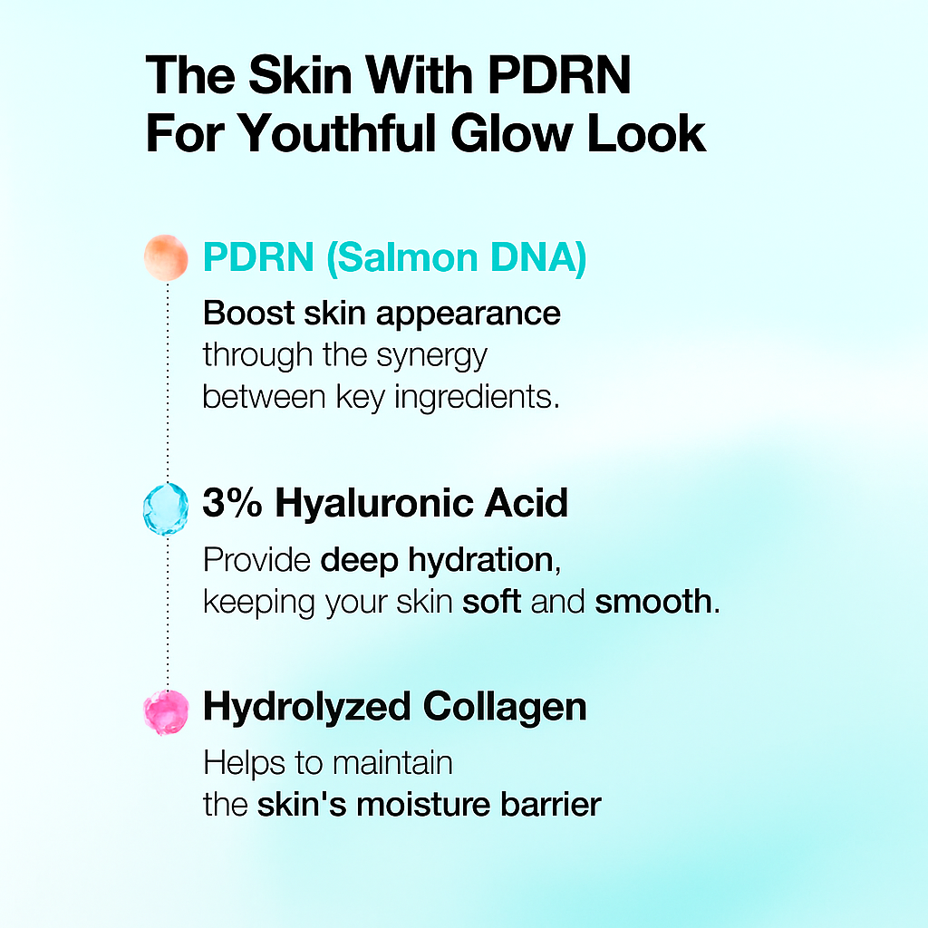 Hydrating serum with PDRN and Hyaluronic Acid that boosts skin regeneration, deep hydration, and radiance for smooth, revitalized, and youthful-looking skin.