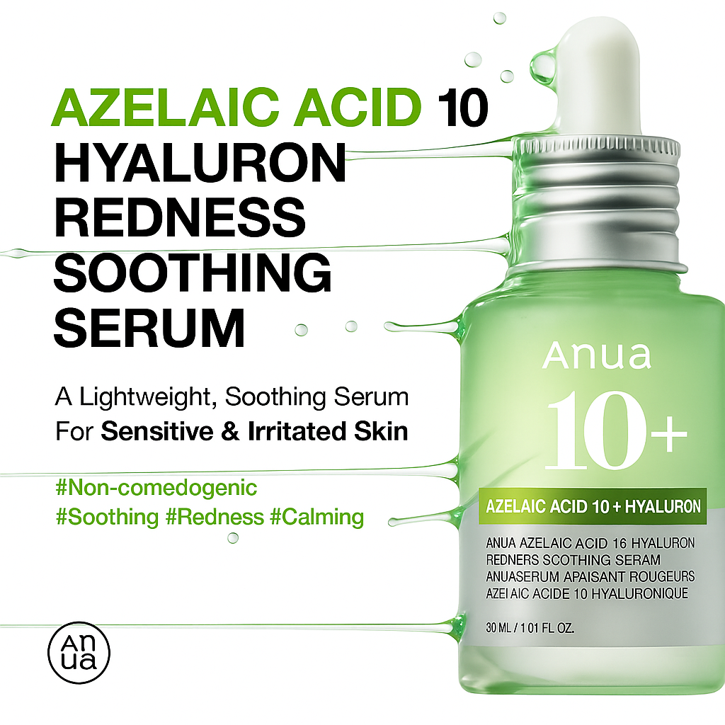 Set of three Anua serums combining Niacinamide, TXA4, PDRN, Azelaic Acid, and Hyaluronic Acid for brightening, hydration, and balanced, radiant skin.