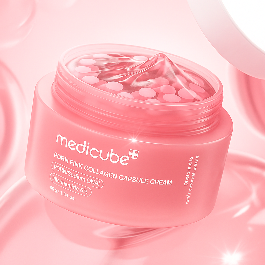 Luxurious pink cream with collagen capsules and PDRN that hydrates deeply, firms skin, and restores radiance for a youthful, glowing complexion.