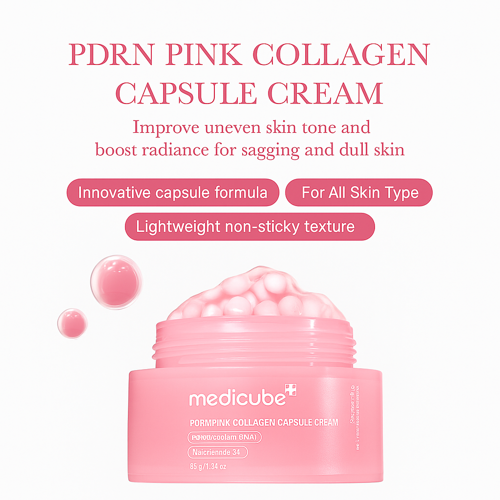 Luxurious pink cream with collagen capsules and PDRN that hydrates deeply, firms skin, and restores radiance for a youthful, glowing complexion.