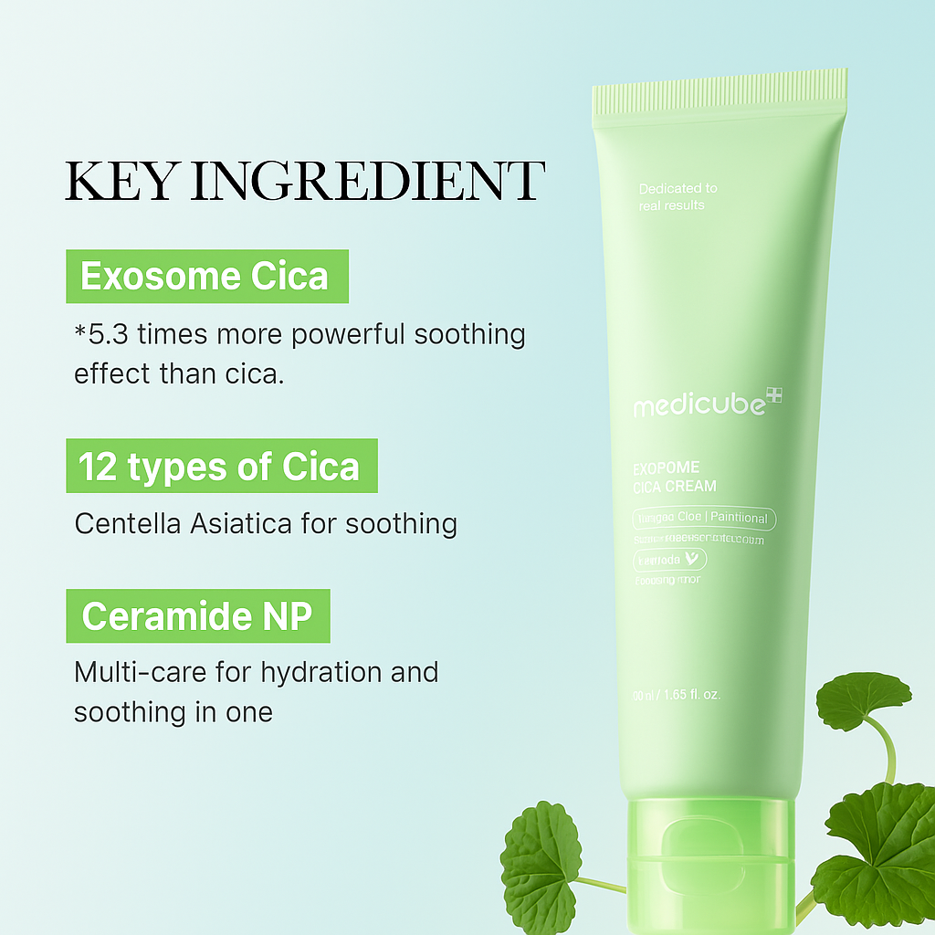 Soothing Cica cream with exosome technology that calms, repairs, and hydrates sensitive skin, restoring barrier strength and long-lasting balance.