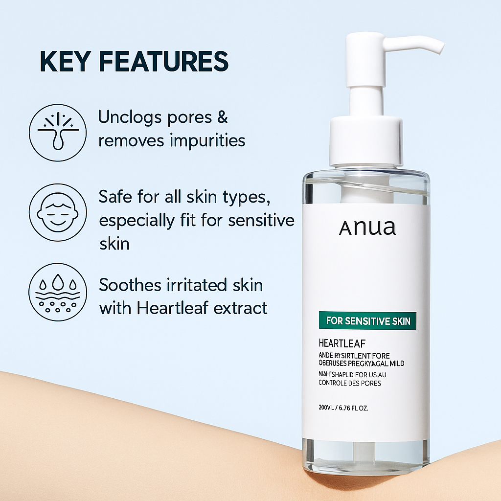 Gentle cleansing oil with Heartleaf extract that removes makeup and impurities while soothing sensitive skin and refining pores for a soft, hydrated finish.