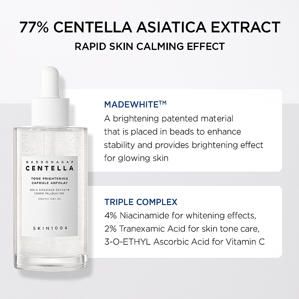 Brightening ampoule with Centella, niacinamide, and adenosine that fades dark spots and boosts radiance for luminous, even-toned skin.