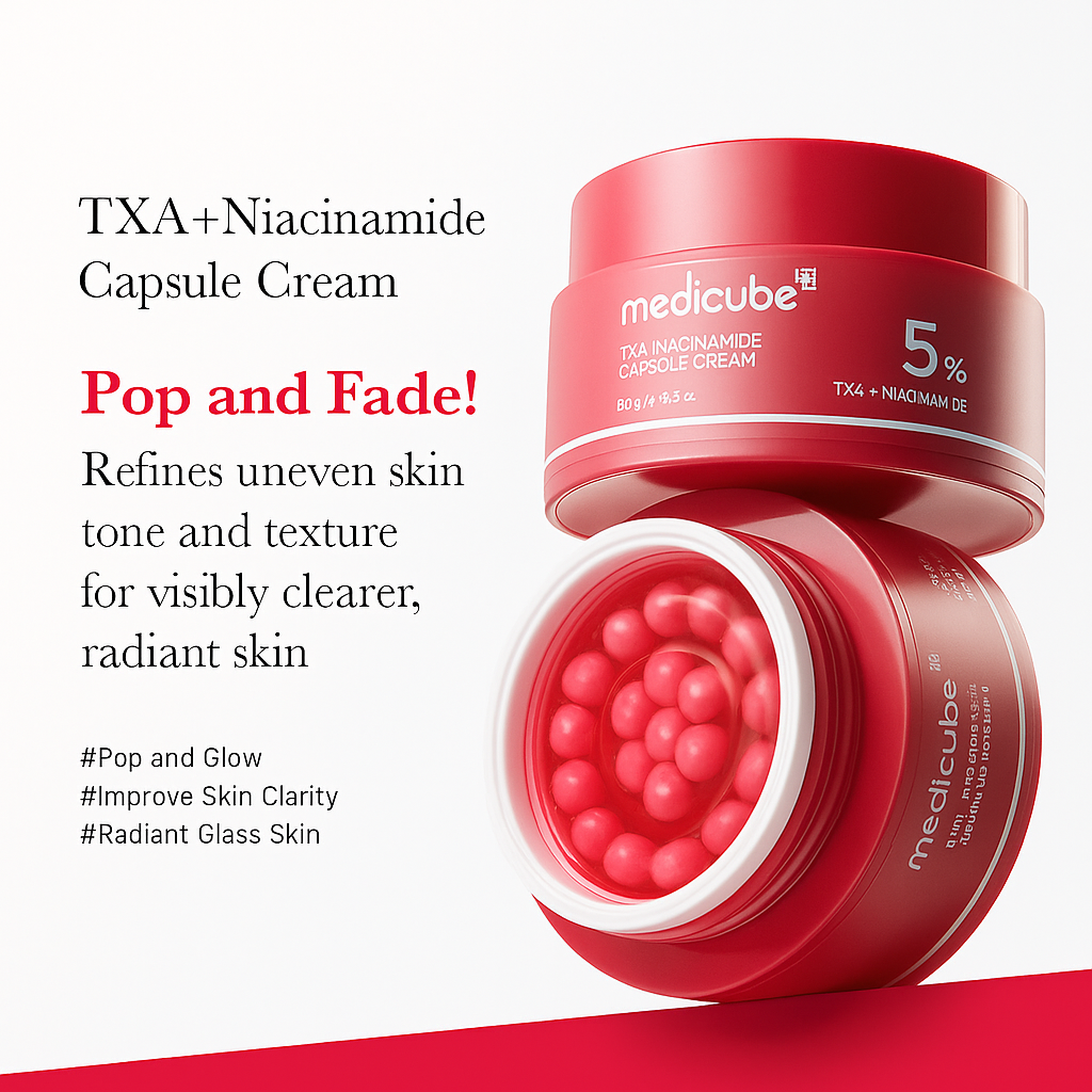Brightening cream with TXA and Niacinamide capsules that evens skin tone, fades dark spots, and hydrates for a clear, radiant complexion.