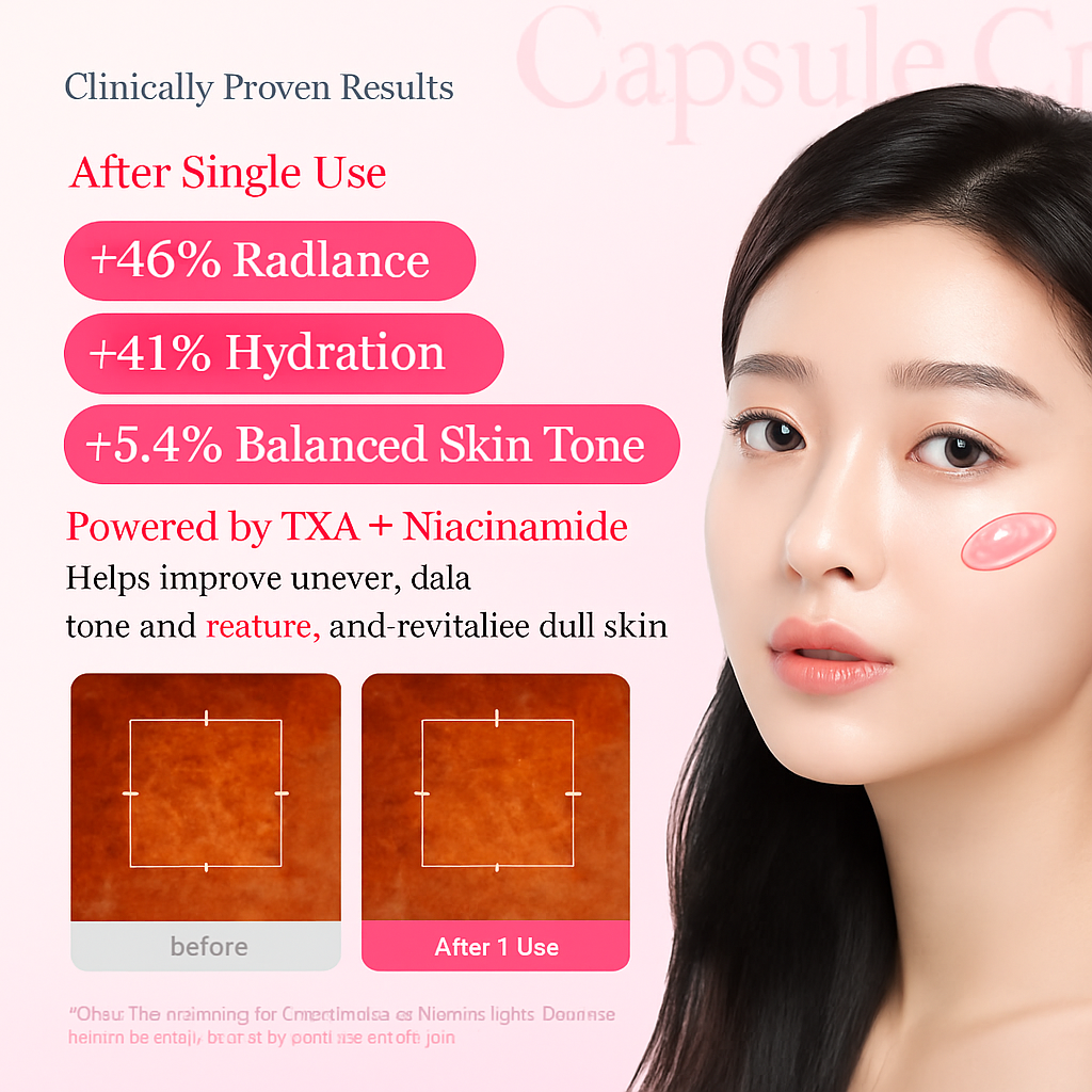Brightening cream with TXA and Niacinamide capsules that evens skin tone, fades dark spots, and hydrates for a clear, radiant complexion.