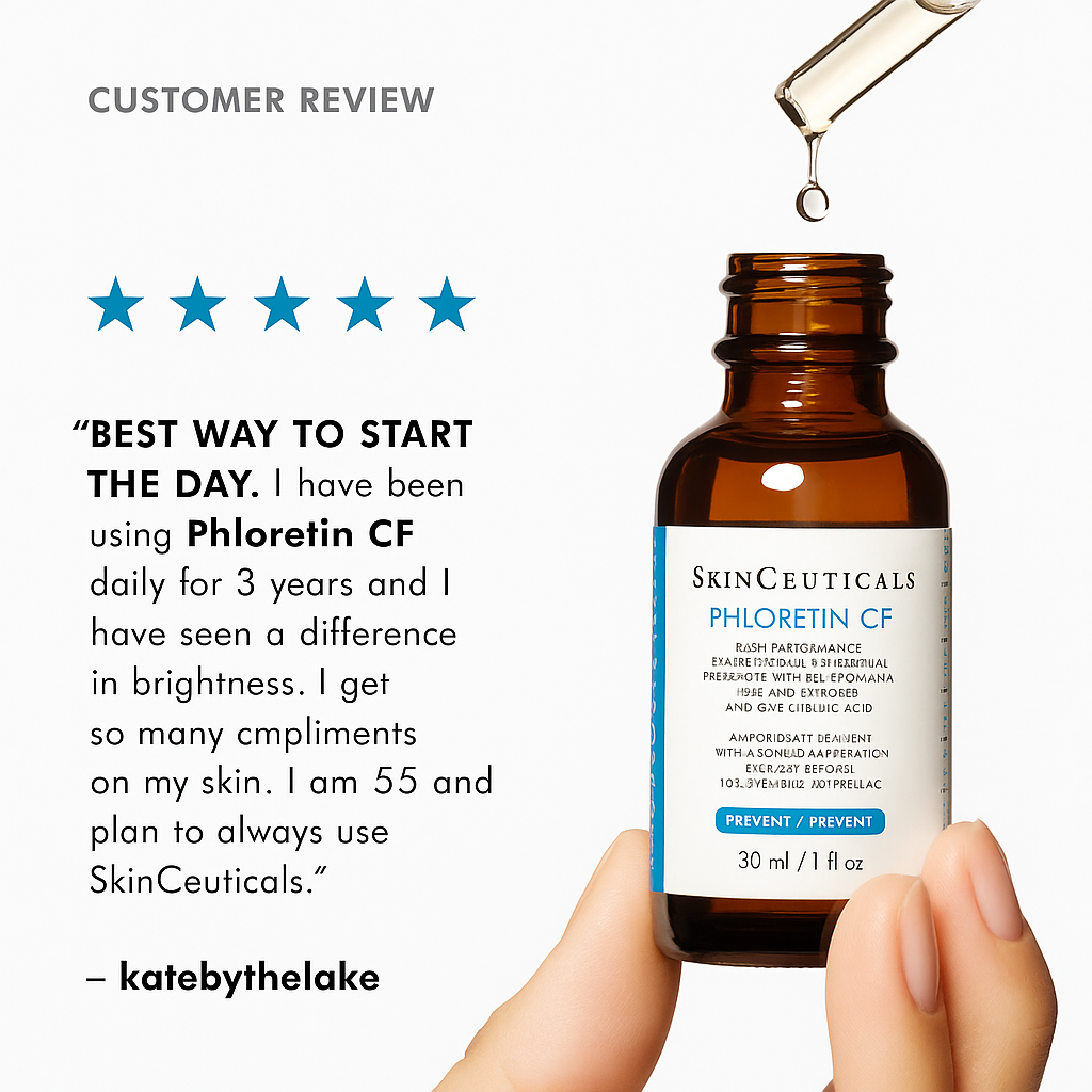 Antioxidant serum with Phloretin, Vitamin C, and Ferulic Acid that protects against UV damage, brightens skin, and improves firmness and tone.