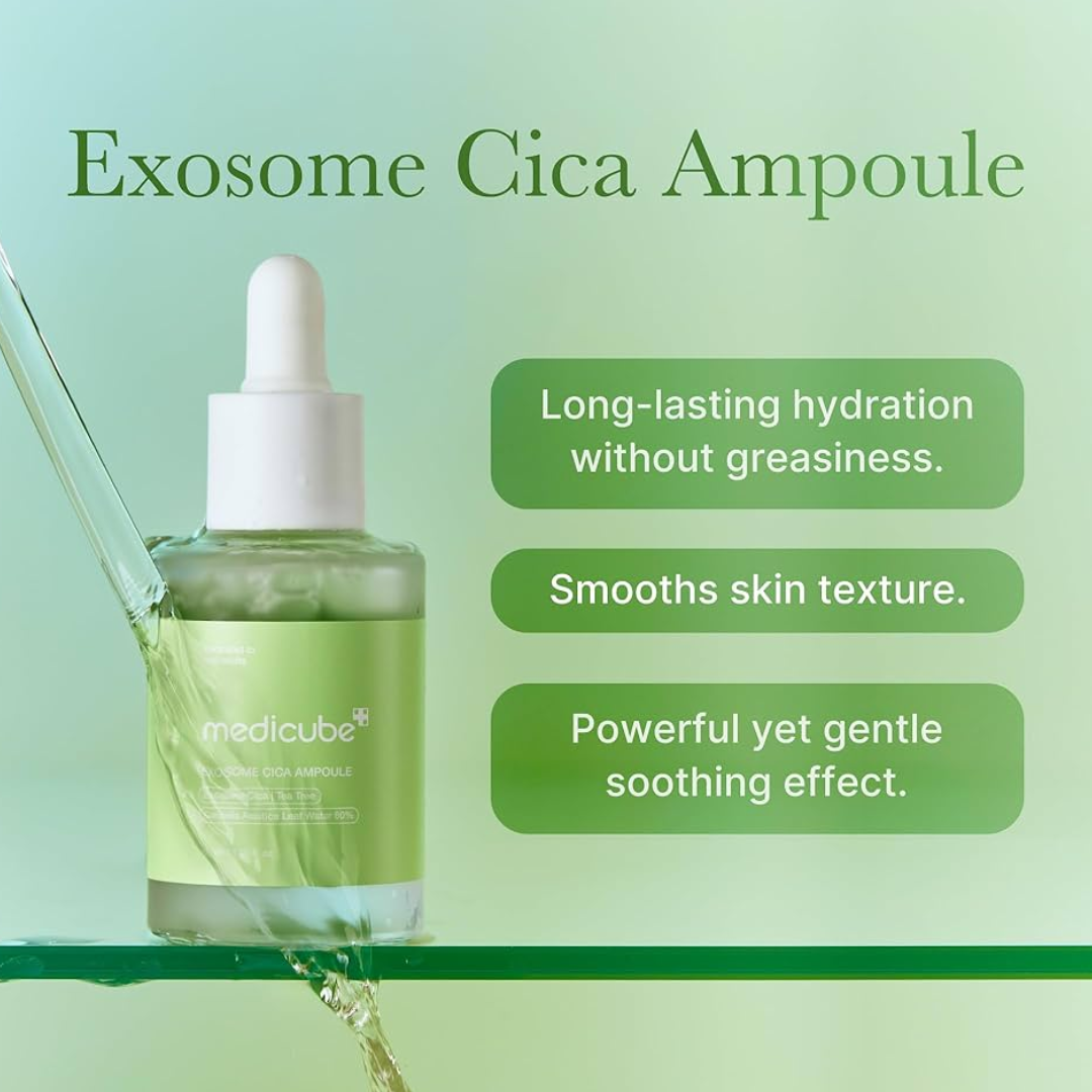 Calming ampoule with exosomes and Cica that soothes irritation, reduces redness, and strengthens the skin barrier for balanced, hydrated, healthy skin.