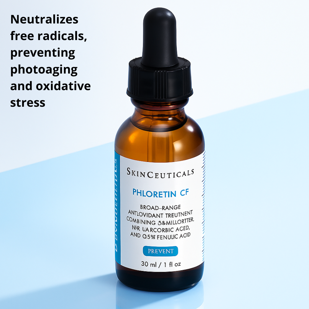 Antioxidant serum with Phloretin, Vitamin C, and Ferulic Acid that protects against UV damage, brightens skin, and improves firmness and tone.