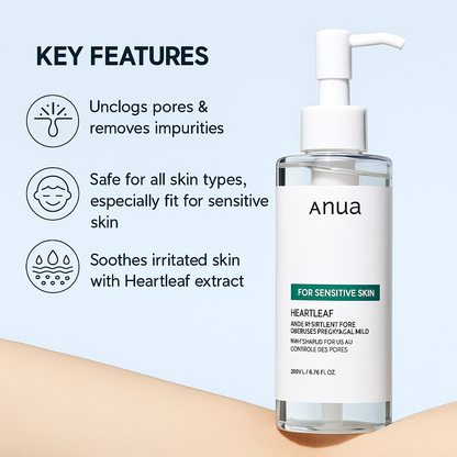 Gentle cleansing oil with Heartleaf extract that removes makeup and impurities while soothing sensitive skin and refining pores for a soft, hydrated finish.