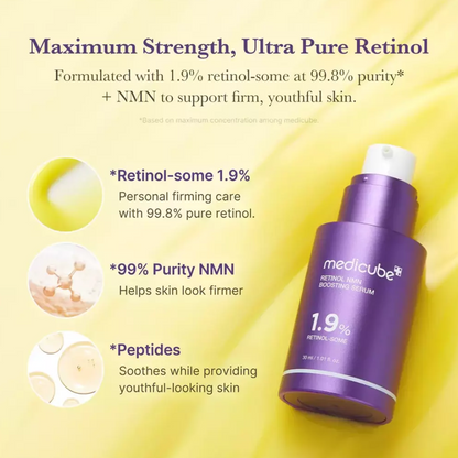 Anti-aging retinol serum with NMN technology that smooths wrinkles, boosts elasticity, and renews skin with fast absorption and gentle hydration.