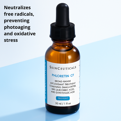 Antioxidant serum with Phloretin, Vitamin C, and Ferulic Acid that protects against UV damage, brightens skin, and improves firmness and tone.